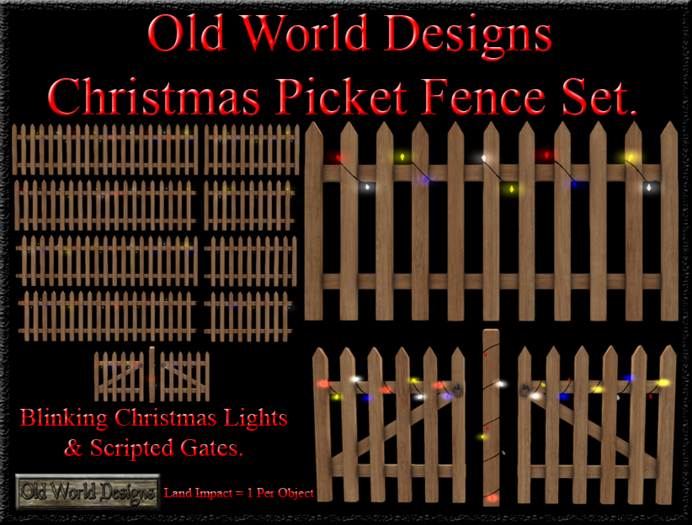 Old World Designs Christmas Picket Fence with Blinking Christmas Lights & Scrtipted Gates Natural wood fence set