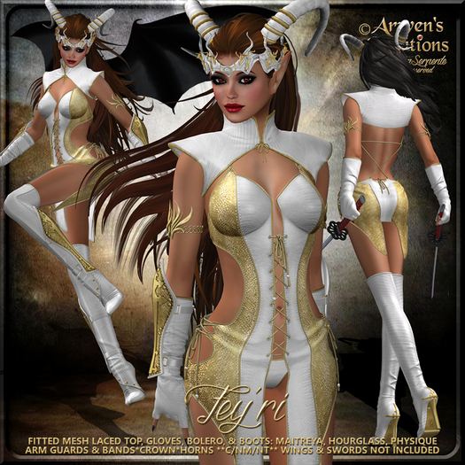 {AS} Fey'ri Fitted Mesh Outfit: White Gold; High Elf, Dark Elf, Dragon Rider, Demon, Fae; Halloween; Maitreya, Hourglass