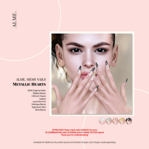 alme. Mesh Square Nails - Metallic Hearts (boxed)