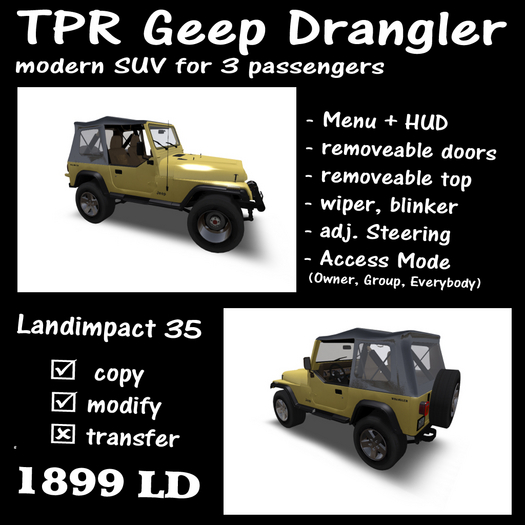 TPR Geep Drangler - SUV for 3 passengers with removeable doors and top