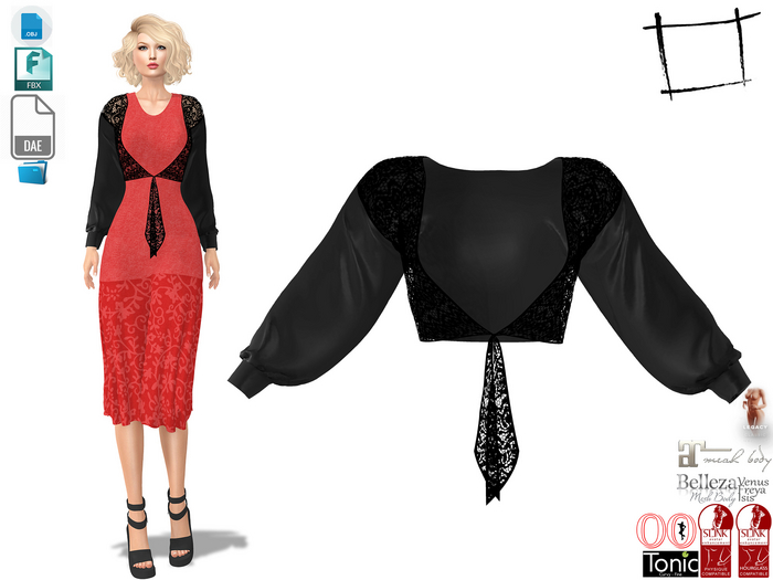 Dae Obj FBX For Long Sleeves Tie Front Short Lace Cardigan Slink, Maitreya, Belleza, Tonic, Legacy