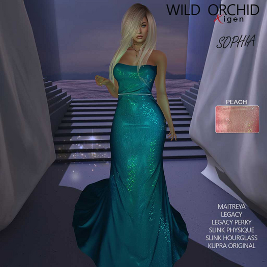 Second Life Marketplace Wild Orchid _ Xigen Mesh Gown Sophia Peach