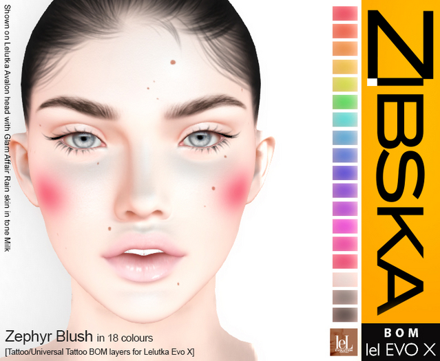 Zibska EVO X ~ Zephyr Blush in 18 colors with tattoo and universal tattoo BOM layers