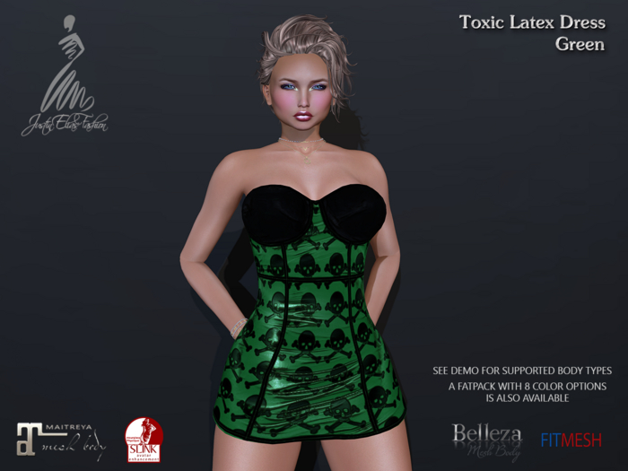 Second Life Marketplace Toxic Latex Skull & Crossbones Dress Green