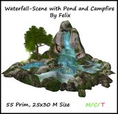 Waterfall scene with pond and campfire (for landscaping forest cave grotto plant tree flower)