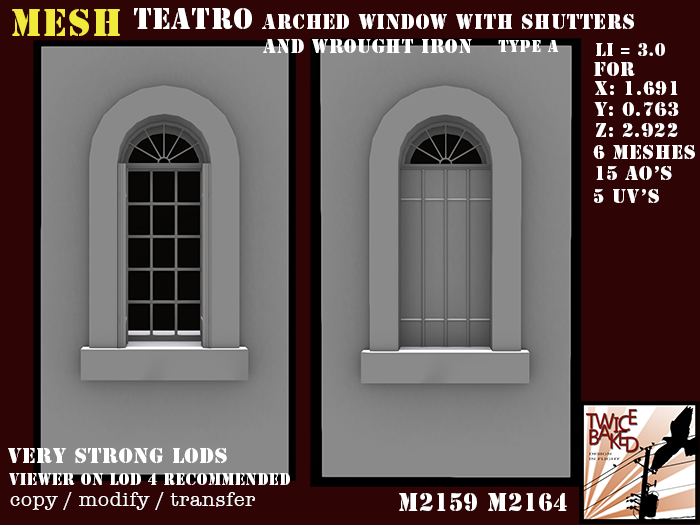 "TB" Teatro arched window with shutters and wrought iron M2159 M2164