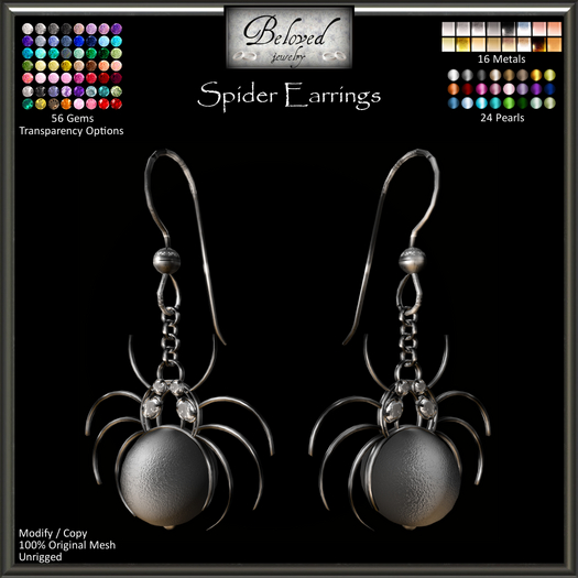 Beloved Jewelry : Spider Earrings Set (Texture Change) Gold, Silver, Diamond, Gemstone