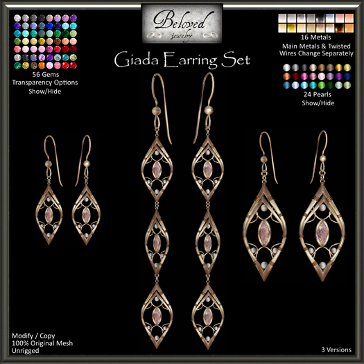 Beloved Jewelry : Giada Earrings Set (Texture Change) 3 Versions, Diamond, Gemstone, Gold, Silver