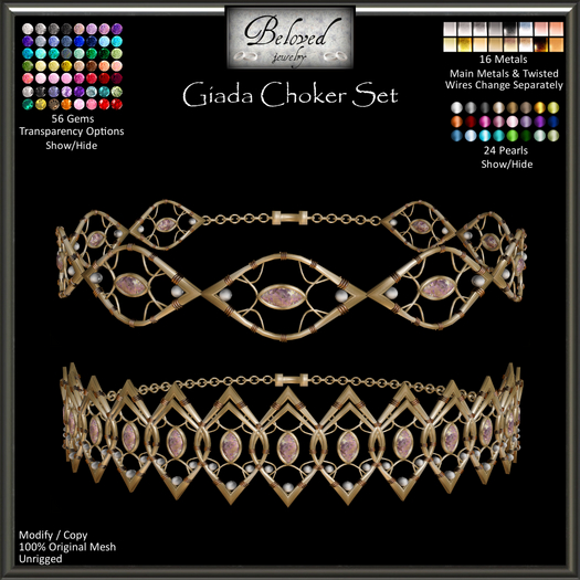 Beloved Jewelry : Giada Chokers (Texture Change) 2 Versions, Diamond, Gemstone, Gold, Silver, Choker Necklace
