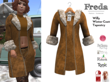 "Freda" Willy Open Winter Coat Caramel Beige Suede with Black Fur Trim for Cinn&Chai, Rebirth Slink Tonic Belleza Legacy