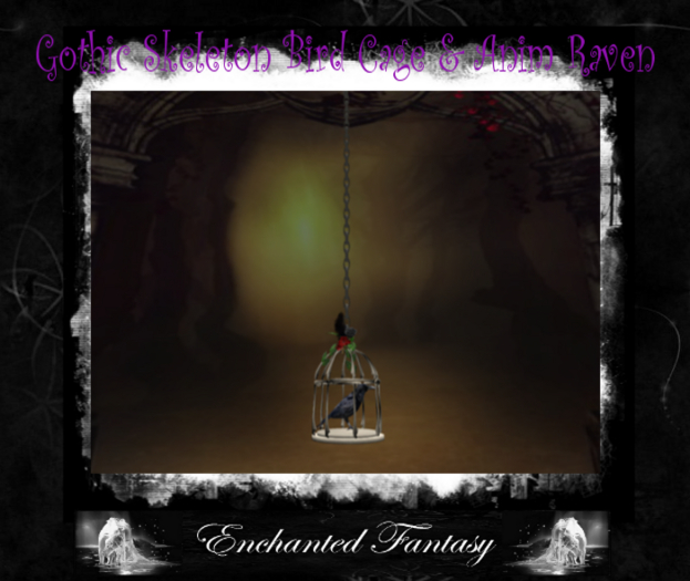 Gothic Skeleton Hanging Bird Cage & Touch Anim Raven