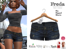 "Freda" Ria Damaged Denim Jeans Shorts Dark Blue with Ripped Edges for Belleza, eBody Reborn, Rebirth Eden, Slink, Tonic