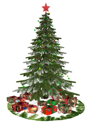 Snowy Christmas Tree with Star, Lights, and Presents C/M