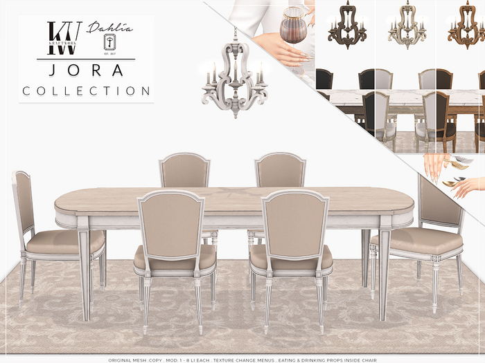 Dahlia & KraftWork . Jora Collection . Dining Set , Table, Chair, Chandelier, Antique Rug
