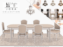 Dahlia & KraftWork . Jora Collection . Dining Set , Table, Chair, Chandelier, Antique Rug