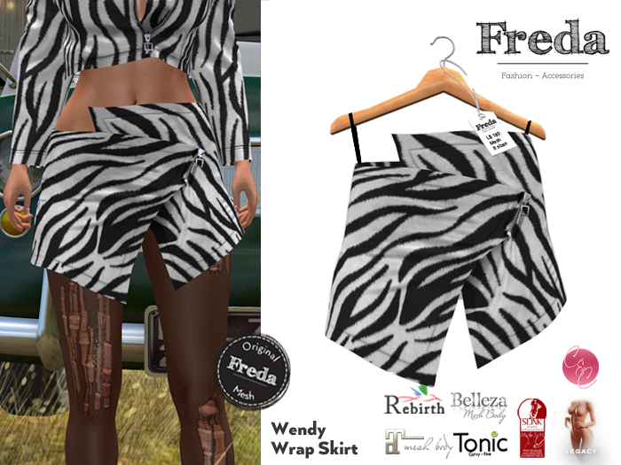 "Freda" Wendy Wrap Skirt with Zipper, Black White Faux Fur Zebra Pattern for Belleza, Maitreya, Slink, Tonic