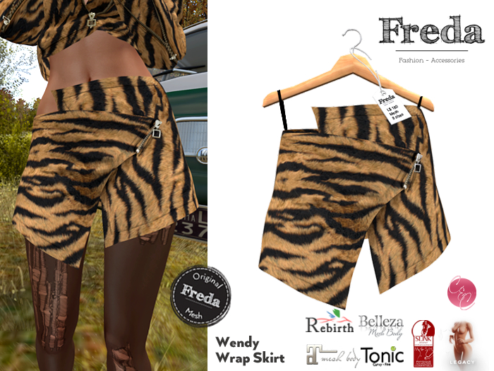 "Freda" Wendy Wrap Skirt with Zipper, Faux Fur Tiger Pattern for Belleza, Maitreya, Slink, Tonic