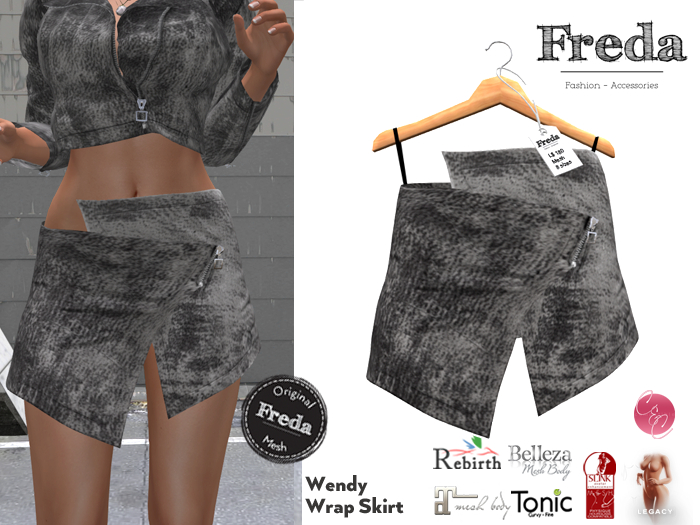 "Freda" Wendy Wrap Skirt with Zipper, Worn Suede, Grey scratched Leather for Belleza, Maitreya, Slink, Tonic