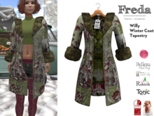 "Freda" Willy Open Winter Coat olive green Tapestry Fabric with Fur Trim for Maitreya Rebirth Slink Tonic Belleza Legacy