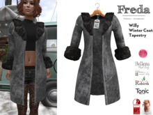 "Freda" Willy Open Winter Coat Grey Suede with Black Fur Trim for Maitreya, Rebirth, Slink, Tonic, Belleza, Legacy