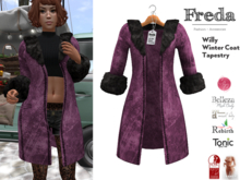 "Freda" Willy Open Winter Coat Pink Suede with Black Fur Trim for Maitreya Rebirth Slink Tonic Belleza