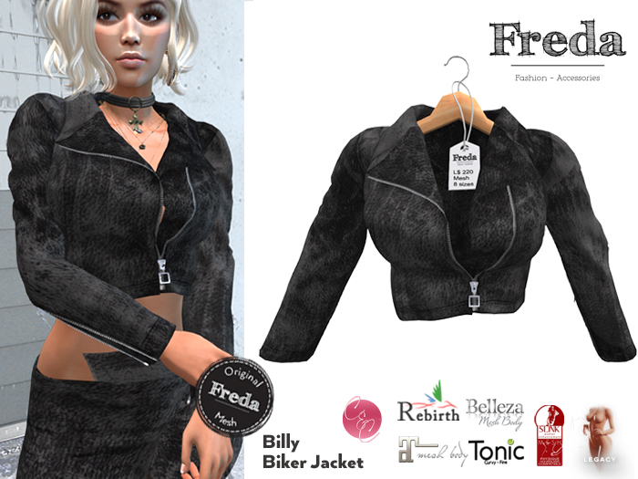 "Freda" Billy Cropped Biker Jacket Worn Black Suede Leather with realistic Folds, for Maitreya, Belleza, Slink, Tonic
