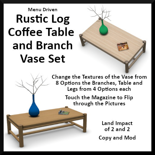 Menu Driven Rustic Log Coffee Table and Branch Vase Set