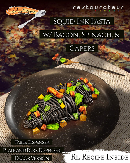 [R.G x S.S] Squid Ink Pasta w/ Bacon, Spinach & Capers