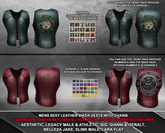 (HASSEL) PACK SEXY LEATHER BIKER VEST & CHAINS AESTHETIC, LEGACY MALE & ATHLETIC, GIANNI, GERALT, JAKE, SLINK, LARA FLAT