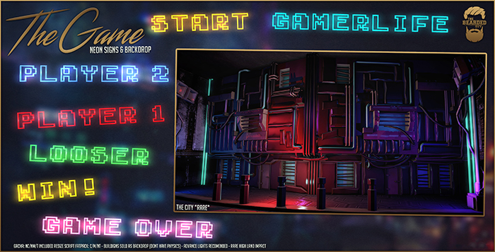 The Game Backdrop & Neon Signs - The Bearded Guy