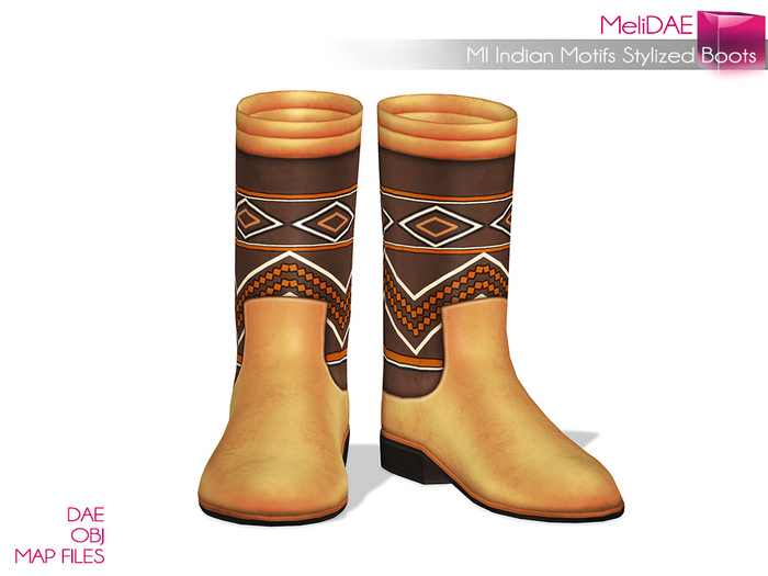 Dae, Obj, FBX, And Texture Files Indian Motifs Stylized Boots - None Rigged