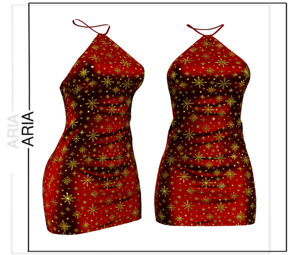 ARIA Gold Snow Red Satin Christmas Dress Reborn GenX Classic Curvy Maitreya Legacy Winter Winterfest Golden Snowflakes