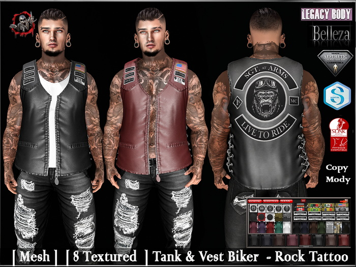 [ Mesh ]  [ 8 Textured  ] Tank & Vest Biker - Rock Tattoo