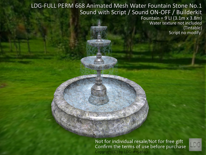 LDG-FULL PERM 668 Animated Mesh Water Fountain Stone No.1, Sound with Script / Sound ON-OFF / Builderkit