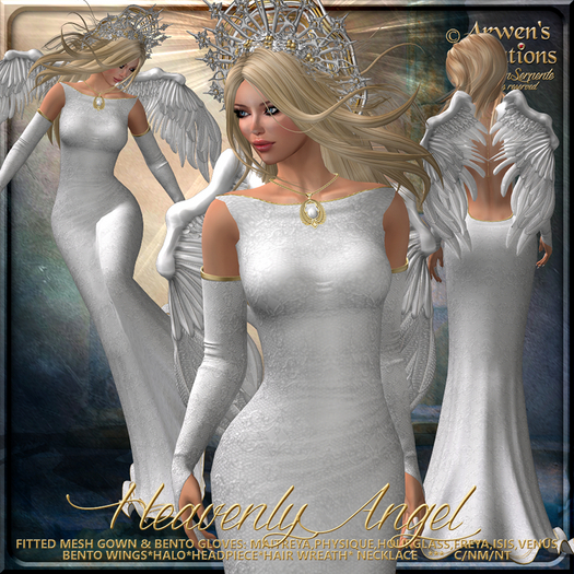 {AS} Heavenly Angel Fitted Mesh Gown, Bento Gloves, Bento Wings: White; Formal fantasy gown; Christmas; Maitreya, Freya