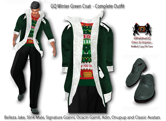 Second Life Marketplace - 69ParkAveGQ - Winter Green Coat Complete Mens  Classic Outfit