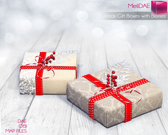 Dae, Obj, FBX, And Texture Files Mesh Xmas Gift Boxes With Berries
