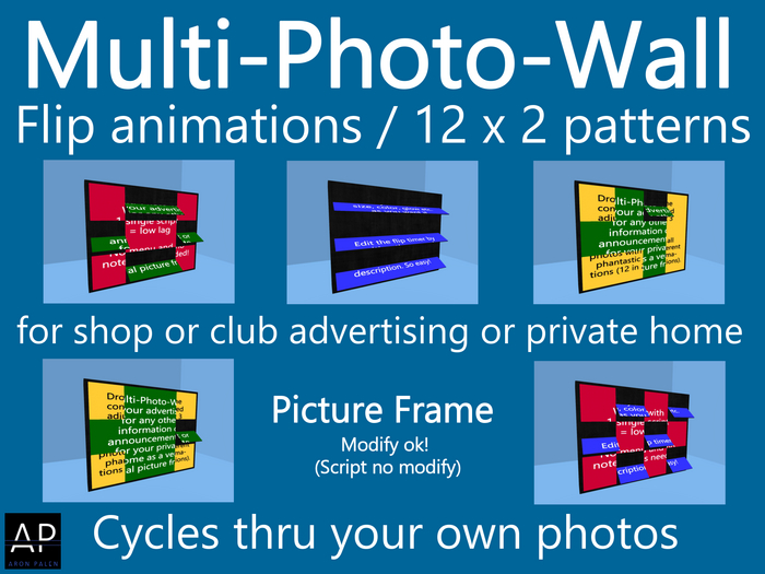Multi Photo Wall / Picture Frame - flip animations, lots of different patterns, cycles thru your own photos -transfer