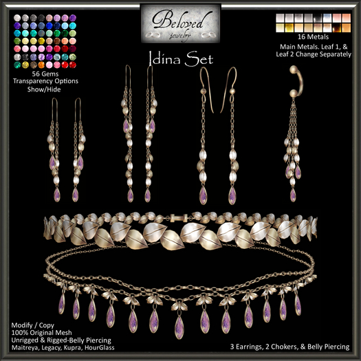 Beloved Jewelry : Idina Set (Texture Change) Earrings, Choker Necklace, Belly Piercing, Gold, Silver, Diamond