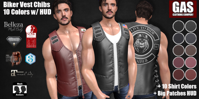 GAS [Men's Biker Vest Chibs - 10 Colors w/HUD FATPACK]