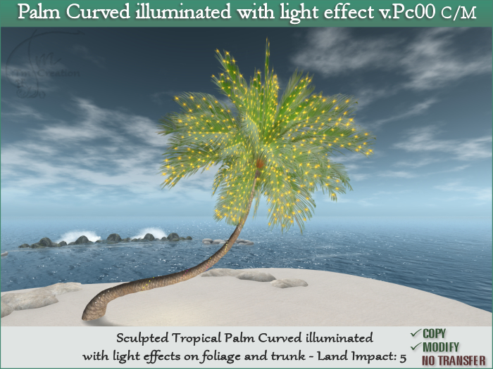 Palm Curved illuminated with light effect on foliage and trunk. C/M
