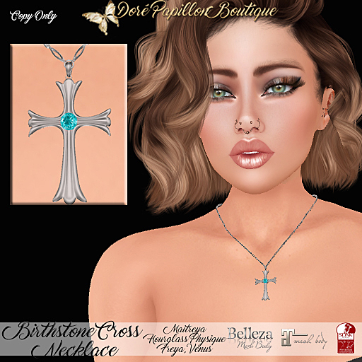 DPB Birthstone Cross Necklace (S) - March Aquamarine * Maitreya, Hourglass, Physique, Freya & Isis* 