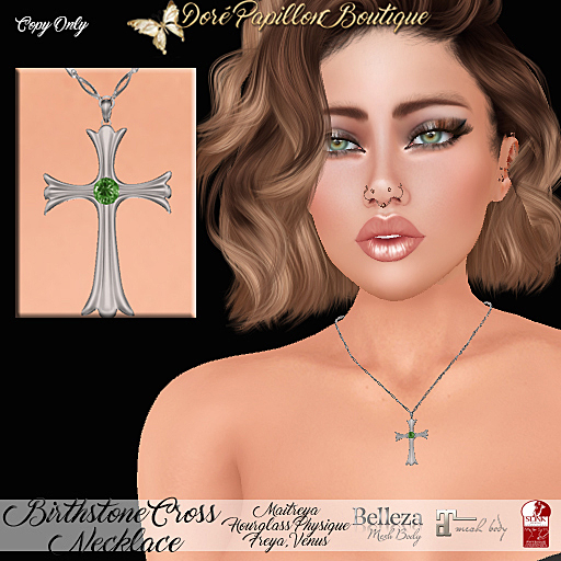 DPB Birthstone Cross Necklace (S) - May Emerald * Maitreya, Hourglass, Physique, Freya & Isis* 