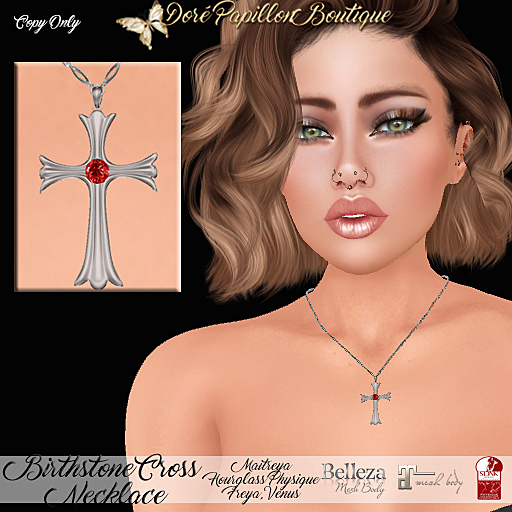 DPB Birthstone Cross Necklace (S) - July Ruby * Maitreya, Hourglass, Physique, Freya & Isis* 