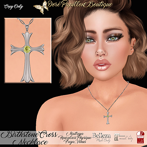 DPB Birthstone Cross Necklace (S) - August Peridot * Maitreya, Hourglass, Physique, Freya & Isis* 