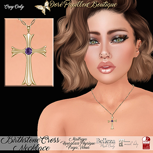 DPB Birthstone Cross Necklace (G) - February Amethyst *Maitreya, Hourglass, Physique, Freya & Isis* 