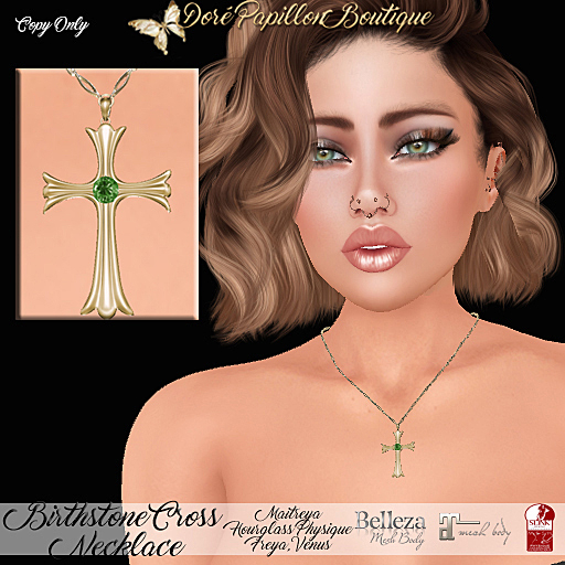DPB Birthstone Cross Necklace (G) - May Emerald *Maitreya, Hourglass, Physique, Freya & Isis* 