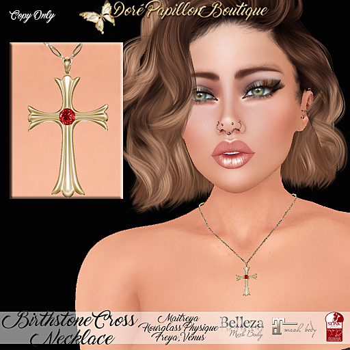 DPB Birthstone Cross Necklace (G) - July Ruby *Maitreya, Hourglass, Physique, Freya & Isis* 