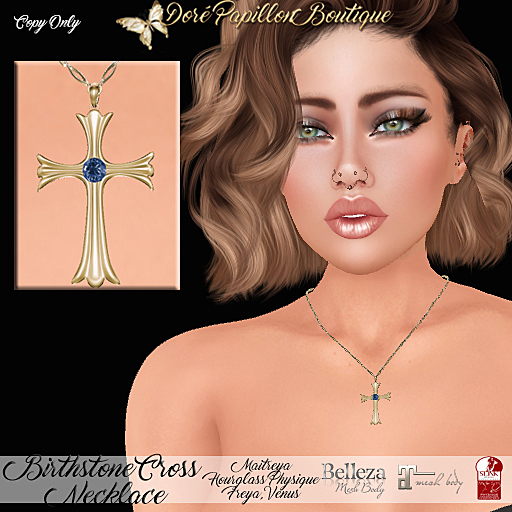 DPB Birthstone Cross Necklace (G) - September Sapphire *Maitreya, Hourglass, Physique, Freya & Isis* 