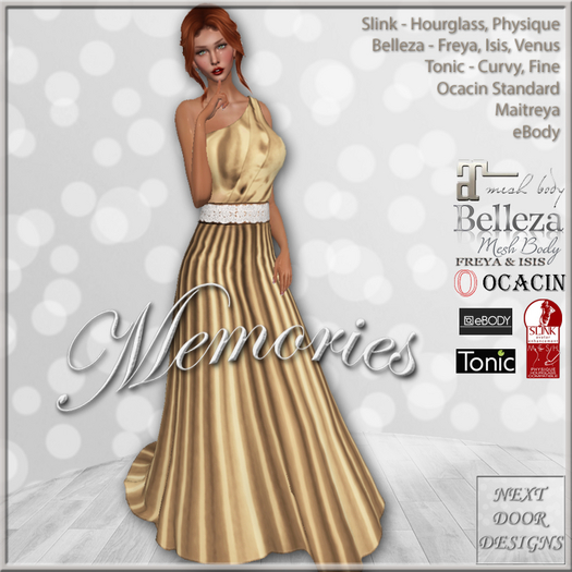 Memories Gown Satin Gold: Belleza Venus Isis Freya, Maitreya, Slink Hourglass Physique, Tonic Curvy Fine, eBody